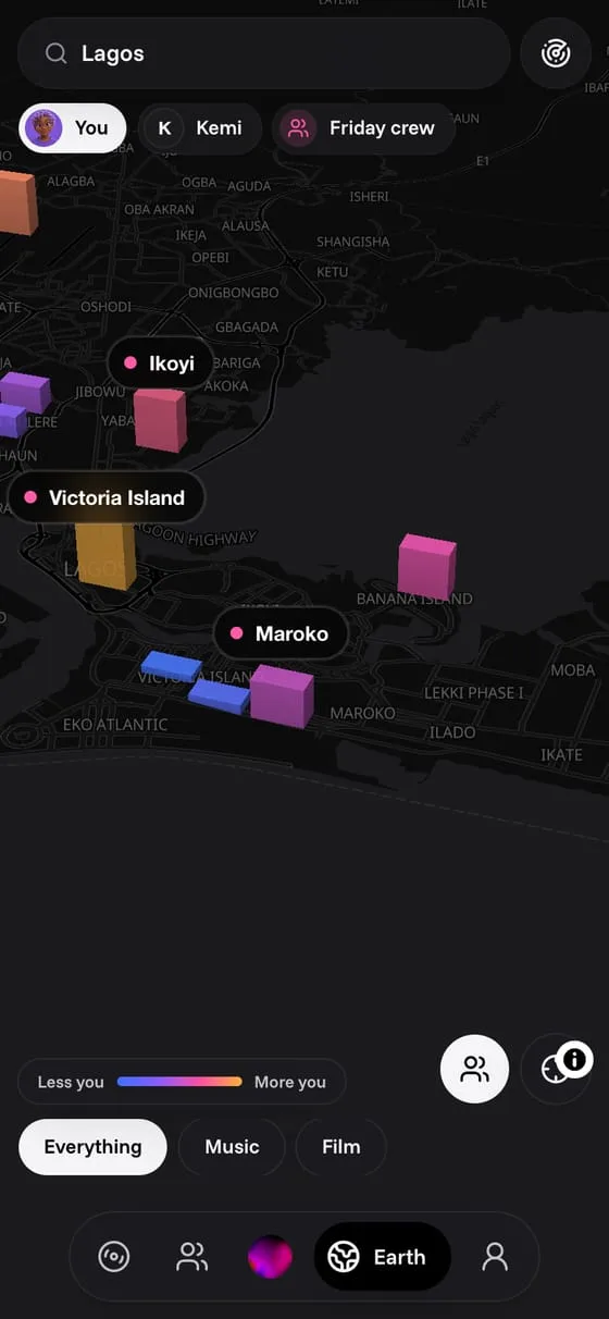 Earth over Lagos with named areas and lenses for a friend and a circle