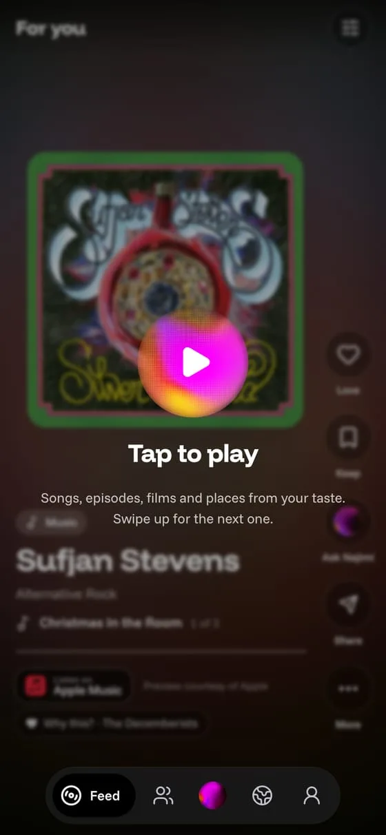 The first card of the feed asking for one tap to play