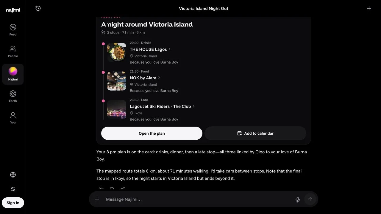 A chat with Najimi: a night plan card with three stops, add to calendar and the composer