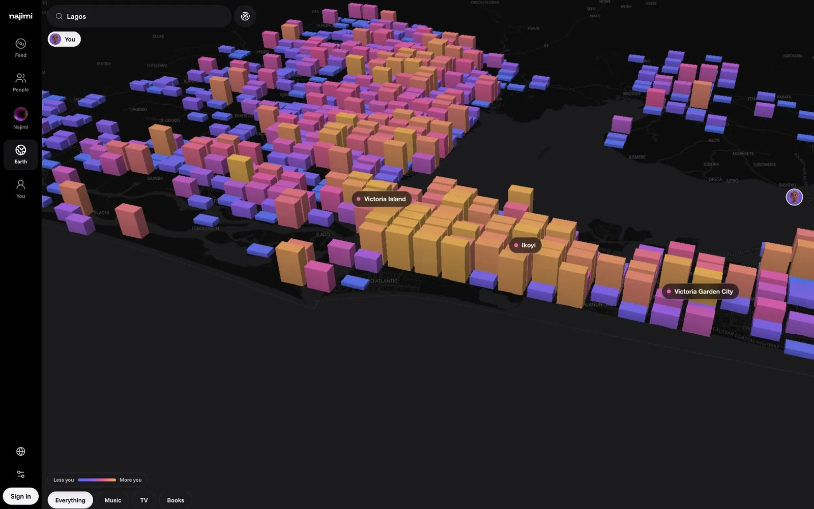 Earth over Lagos: taste columns per square, named areas, kind filters