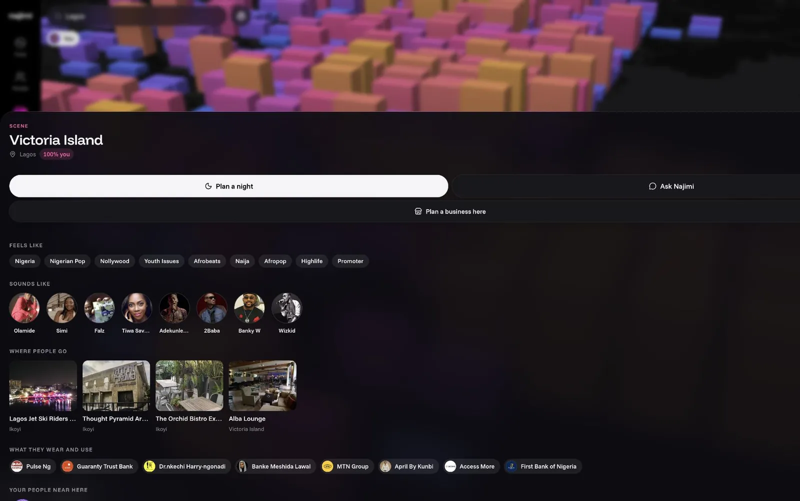 Victoria Island's scene on desktop, with artists, places, brands and words