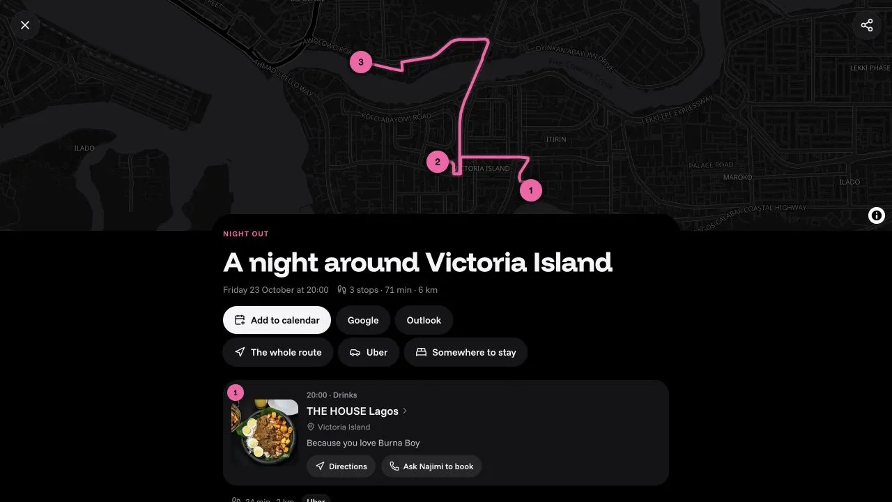 A plan page: the route on a map, three numbered stops, add to calendar, the whole route, Uber